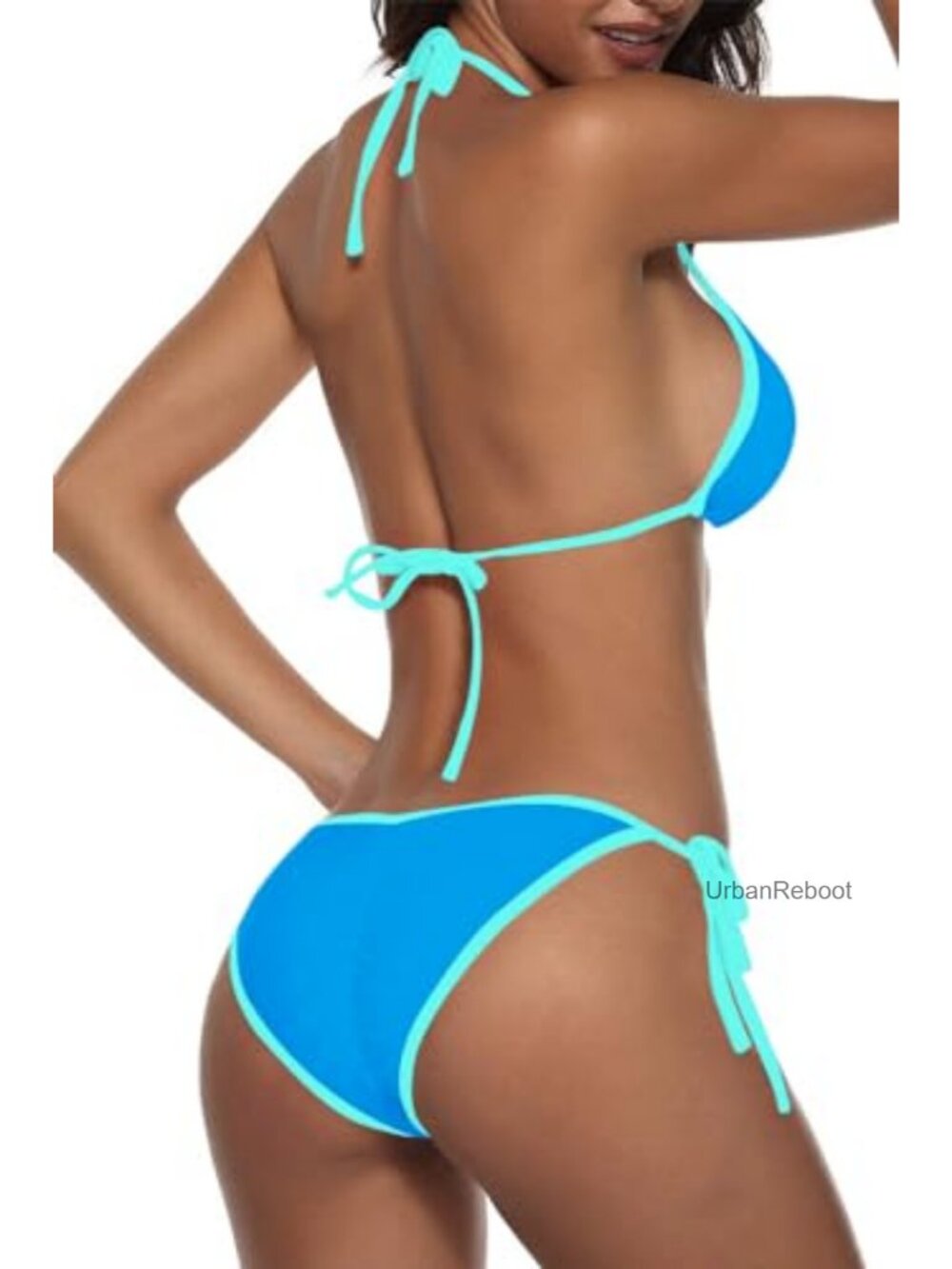 Women Color Block 2 Piece Triangle String Bikini Set Halter Top - Picture 3 of 6